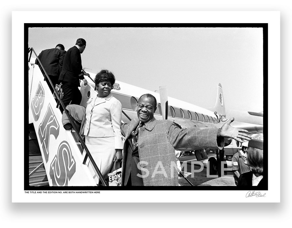 an exclusive black and white photograph of louis and lucille armstrong boarding a plane to america by photojournalist arthur steel