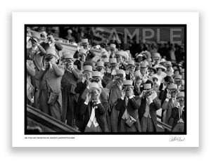 an exclusive black and white photograph of the upper classes watching a horse race at royal ascot by british photojournalist arthur steel