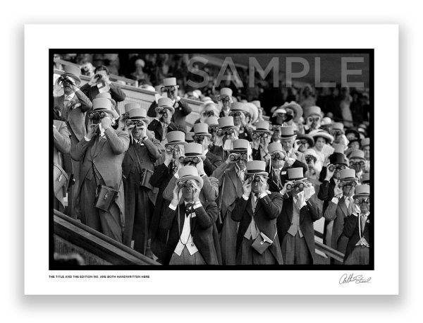 an exclusive black and white photograph of the upper classes watching a horse race at royal ascot by british photojournalist arthur steel