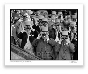 an exclusive black and white photograph of the upper classes watching horse racing from royal ascot members enclosure by british photojournalist arthur steel