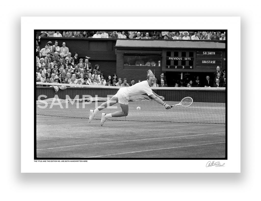 an exclusive black and white photograph captured at the 1972 wimbledon championship final between stan smith and nastase by british photojournalist arthur steel