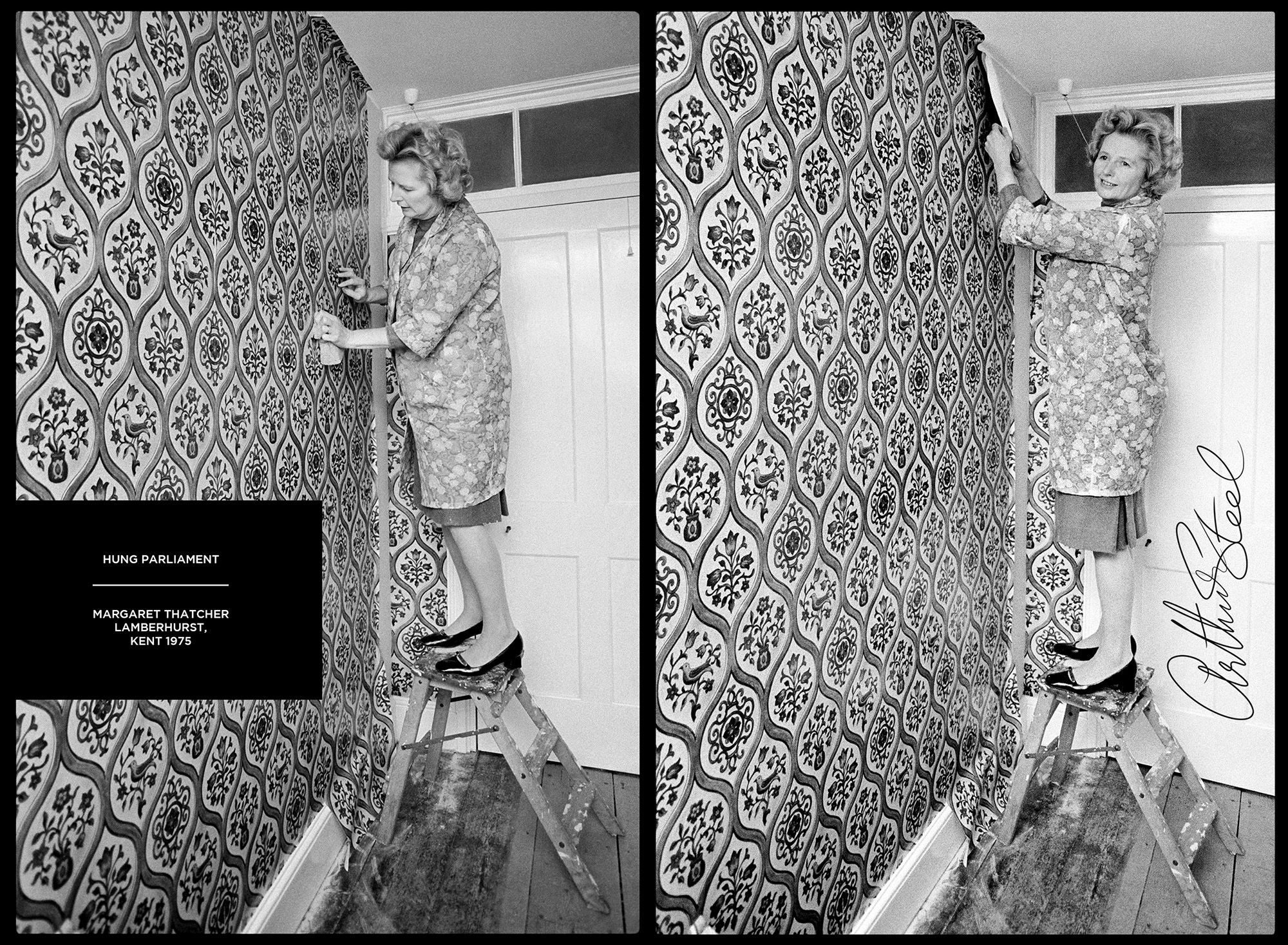 margaret thatcher is photographed wallpapering by award winning photojournalist arthur steel