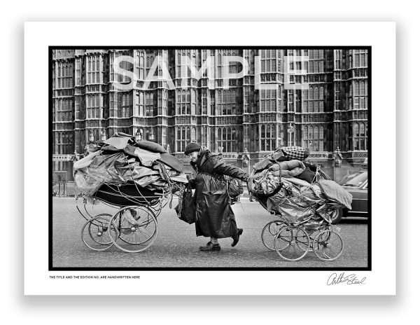 an exclusive black and white photograph of a female drifter in front of the houses of parliament by photojournalist arthur steel