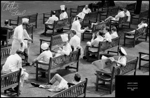an exclusive black and white photograph of royal ascot chefs relaxing at royal ascot in 1965 by british photojournalist arthur steel