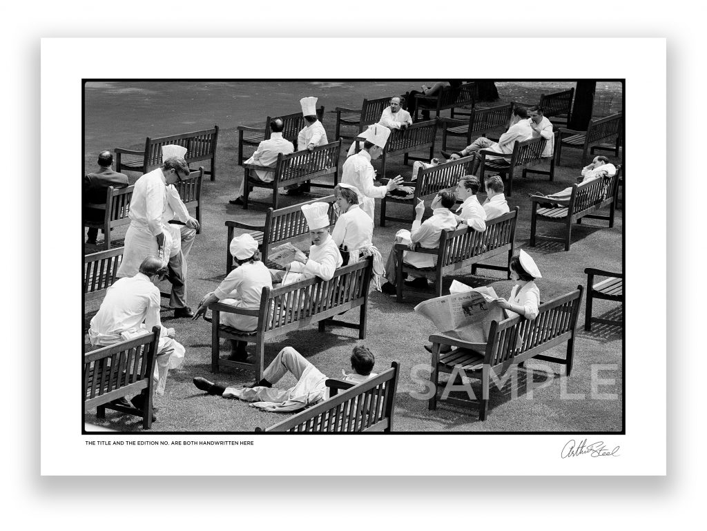 an exclusive black and white photograph of royal ascot chefs relaxing at royal ascot in 1965 by british photojournalist arthur steel