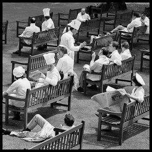 an exclusive black and white photograph of royal ascot chefs relaxing at royal ascot in 1965 by british photojournalist arthur steel